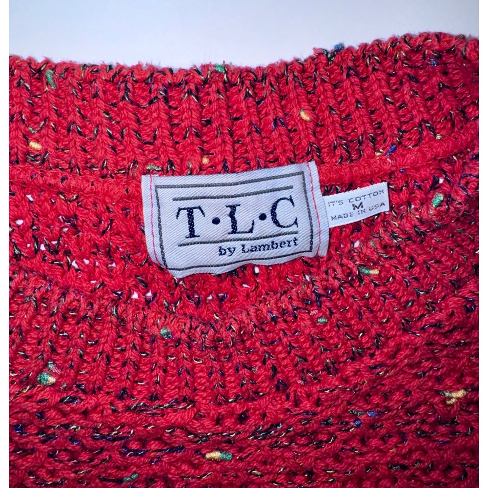 Vintage Red Confetti Knit Sweater Womens Medium Cotton Made in USA